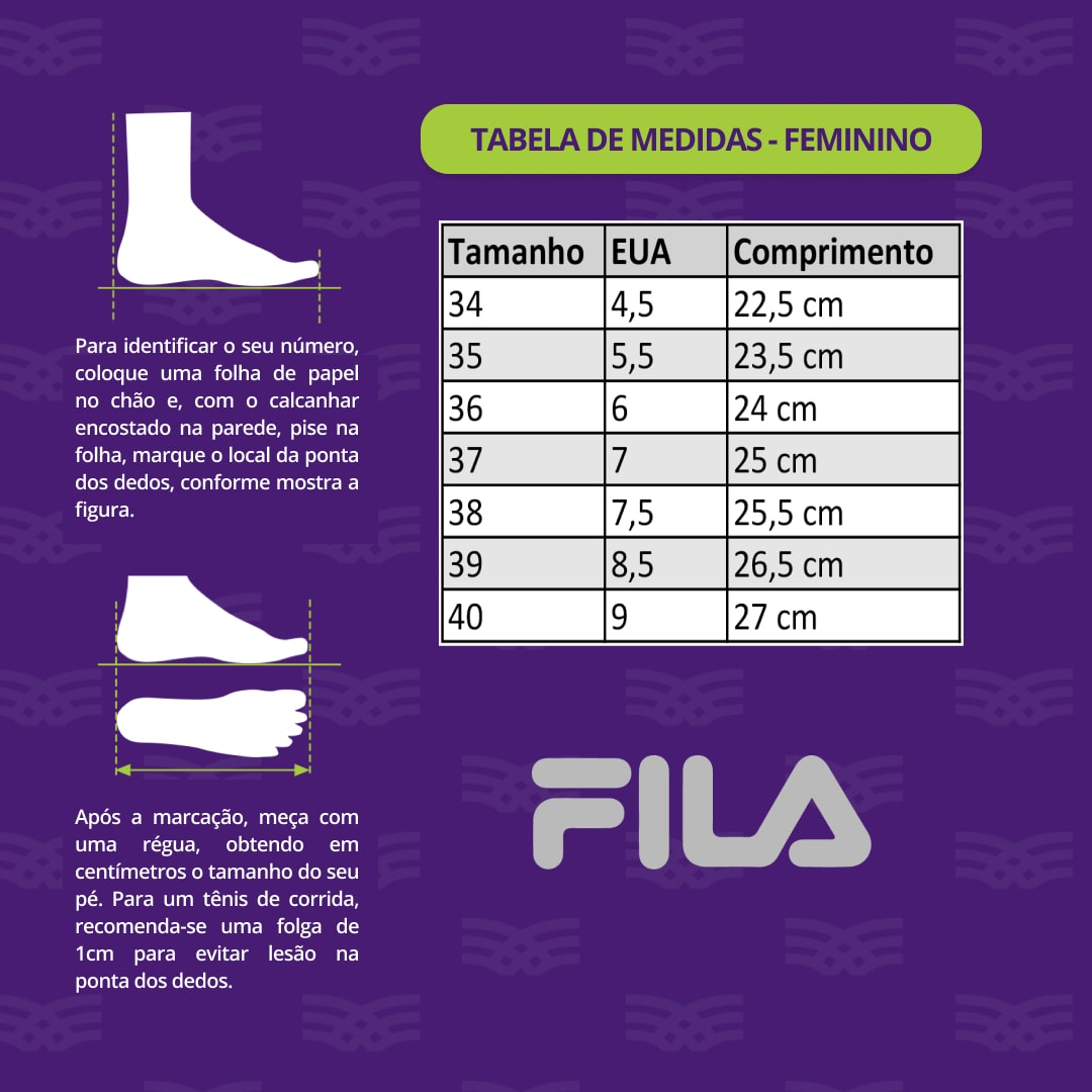 Tabela de medidas 2025 tenis fila infantil