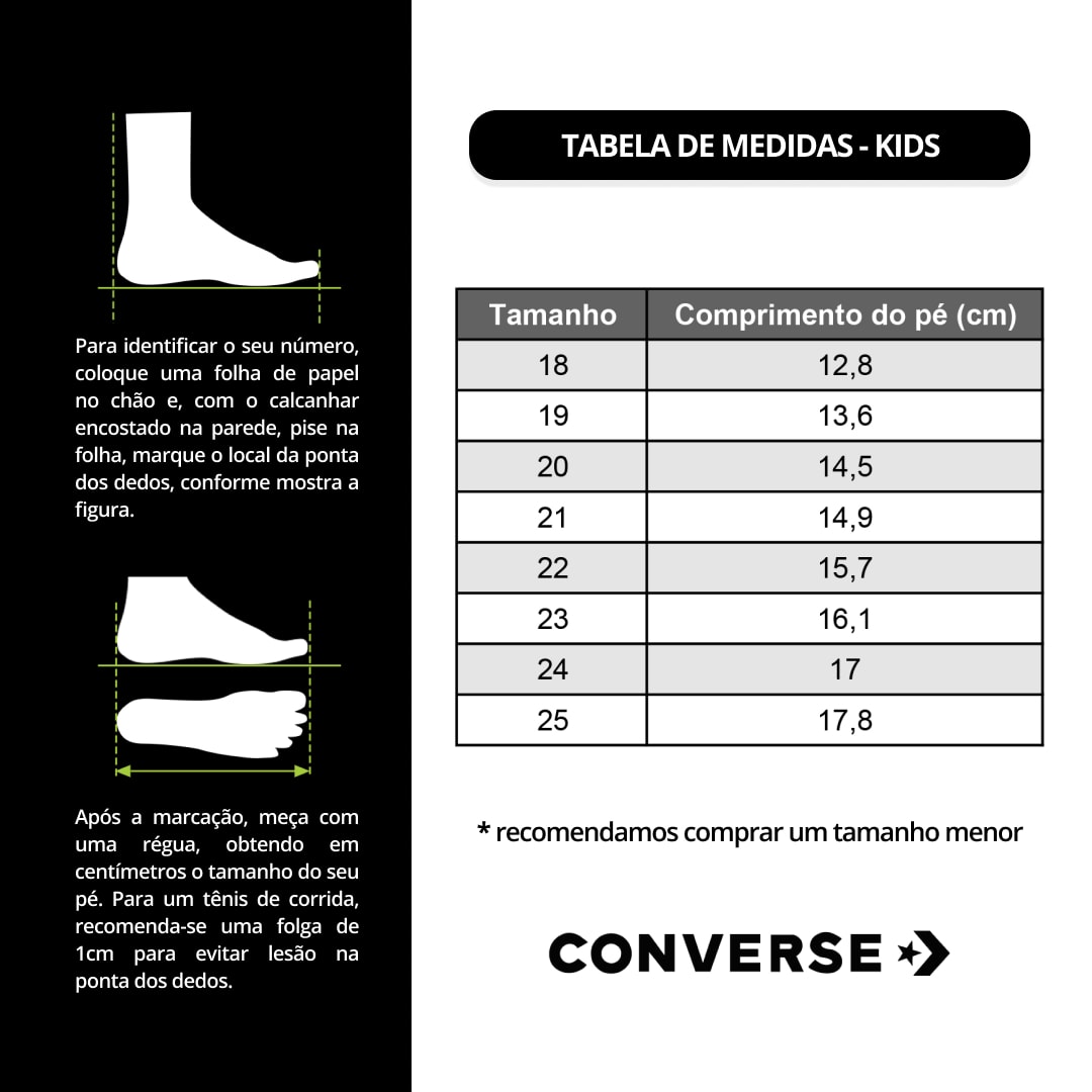 Tabela de store tamanho converse infantil