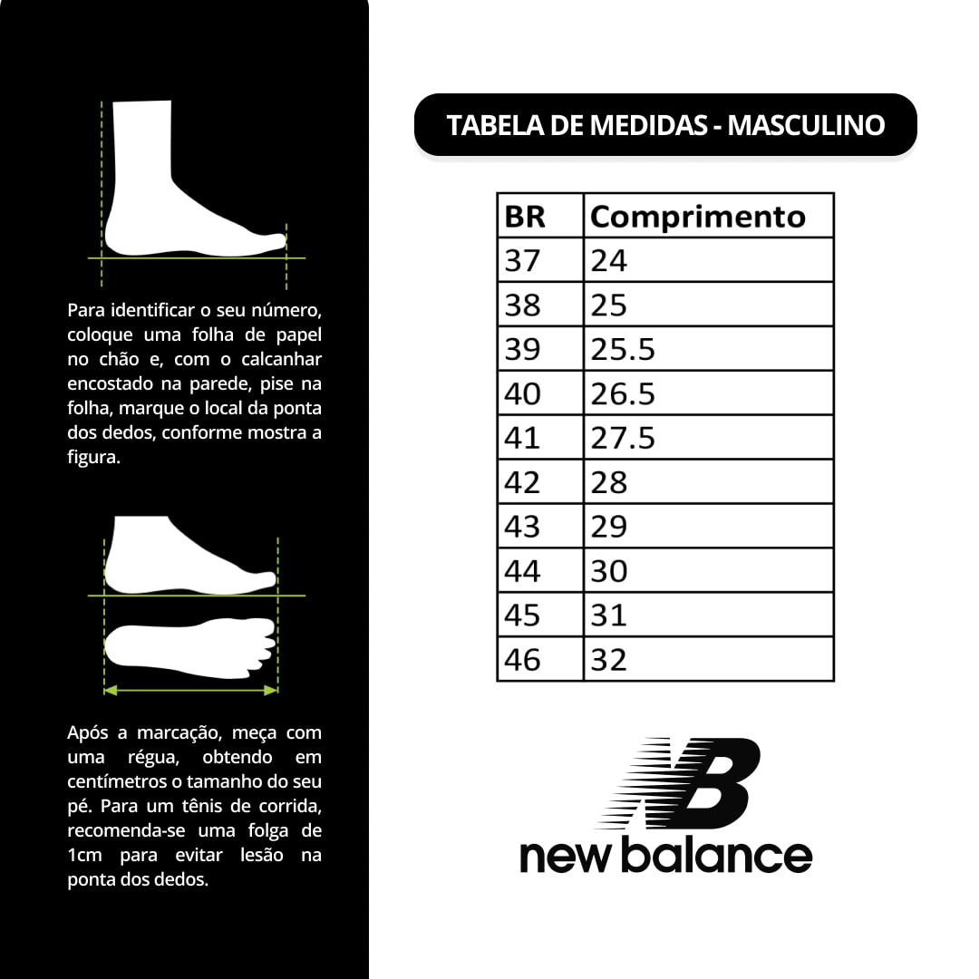 Tabela conversao 2025 tenis new balance