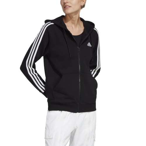 Blusa Moletinho Adidas Feminina Com Capuz Zíper Regular Essentials 3 Stripes 